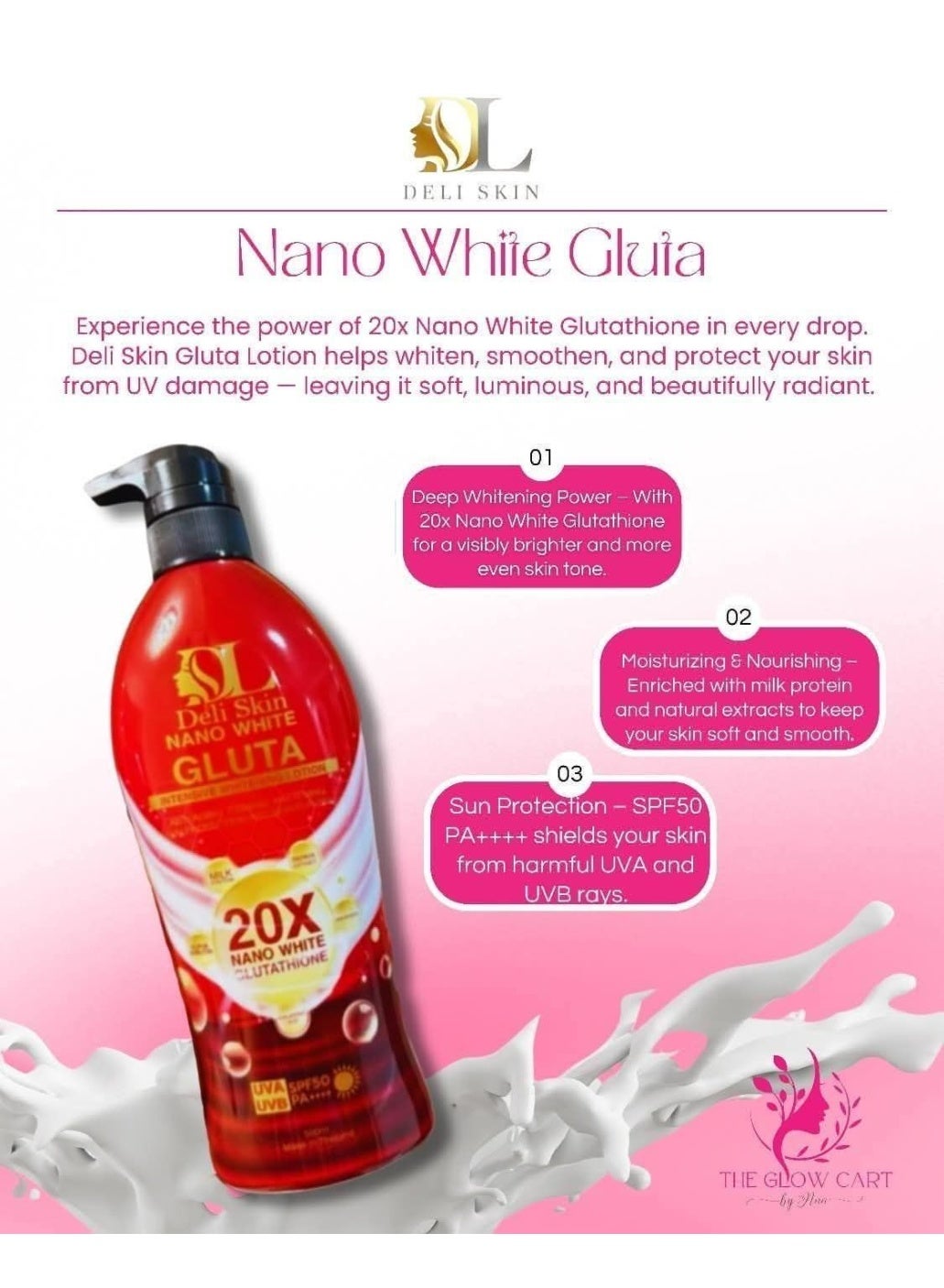 Deli Skin Nano White Gluta Intensive Whitening Lotion 500 ml Brightening Moisturizing Body Lotion Glutathione Skin Care Cream | Best Price UAE