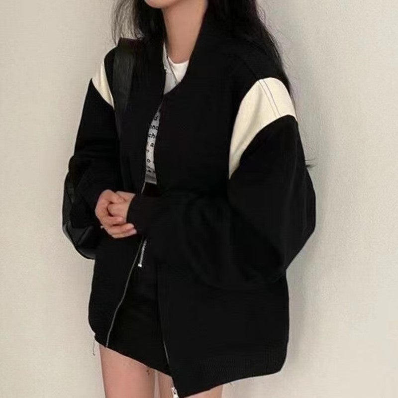 2024 New Korean Velvet Baseball Jacket for Women Black (thin) - Image 3
