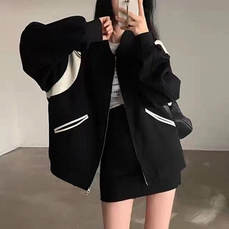 2024 New Korean Velvet Baseball Jacket for Women Black (thin) - Image 4