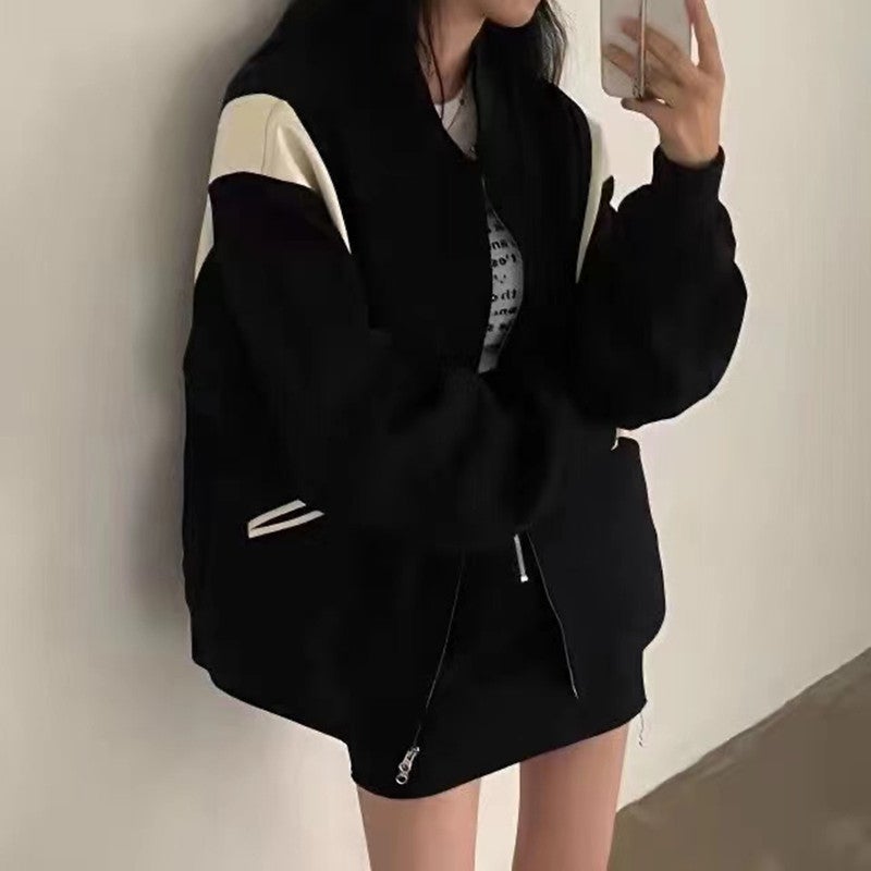 2024 New Korean Velvet Baseball Jacket for Women Black (thin) - Image 5