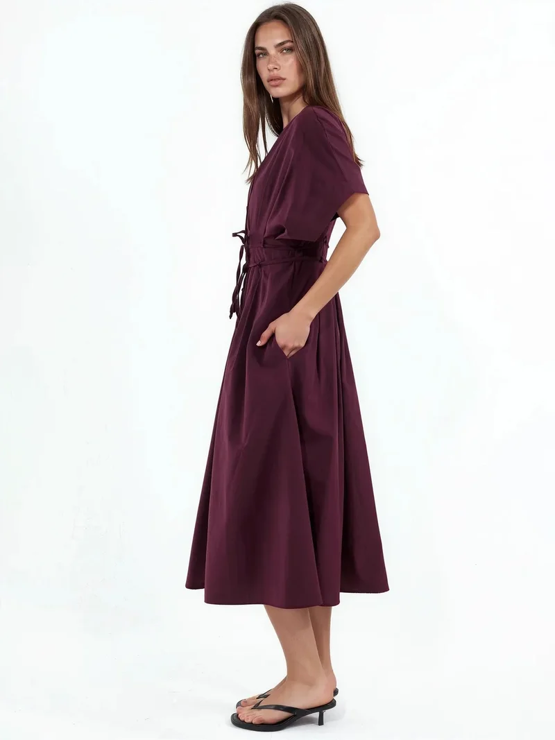 بوسيم BUSEM Casual V-Neck Midi Shirt Dress