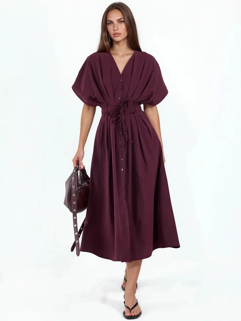 بوسيم BUSEM Casual V-Neck Midi Shirt Dress