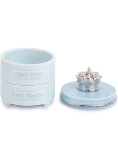 DEMDACO Demdaco First Tooth and Curl Soft Blue 4 x 3 Ceramic and Pewter Baby Keepsake Box  - Image 2