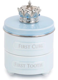 DEMDACO Demdaco First Tooth and Curl Soft Blue 4 x 3 Ceramic and Pewter Baby Keepsake Box  - Image 1