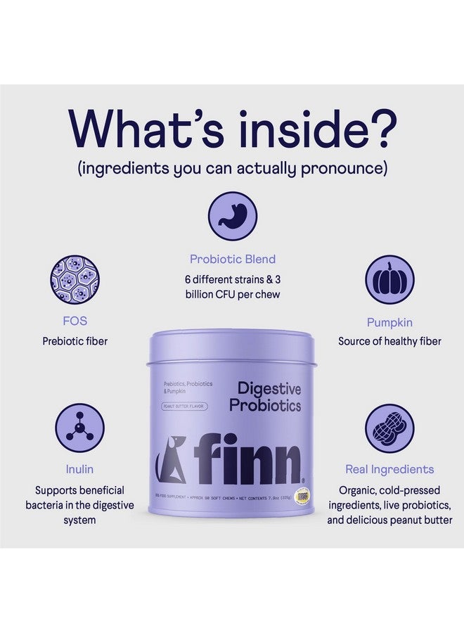فين بروبيوتيك فين الهضمي للكلاب - دعم كامل للجهاز الهضمي مع اليقطين والبريبايوتيك والبروبيوتيك الحي - موصى به من قبل الأطباء البيطريين ومصنوع في الولايات المتحدة الأمريكية - 90 علكة ناعمة (زبدة الفول السوداني) - Image 4