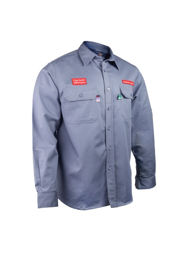 شيلتر قميص عمل مقاوم للهب من شيلتر ليوبارد 600 بقيمة حماية حرارية 8 كال/سم² (ATPV)، مصنوع من قطن 100%، ومصنّف ضمن الفئة CAT 2، ومعتمد وفق معايير NFPA 70E وASTM. - Image 3