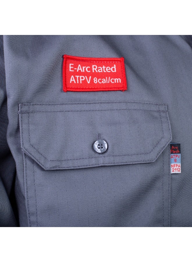 شيلتر قميص عمل مقاوم للهب من شيلتر ليوبارد 600 بقيمة حماية حرارية 8 كال/سم² (ATPV)، مصنوع من قطن 100%، ومصنّف ضمن الفئة CAT 2، ومعتمد وفق معايير NFPA 70E وASTM. - Image 5