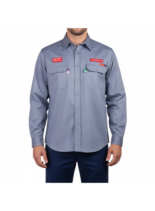 شيلتر قميص عمل مقاوم للهب من شيلتر ليوبارد 600 بقيمة حماية حرارية 8 كال/سم² (ATPV)، مصنوع من قطن 100%، ومصنّف ضمن الفئة CAT 2، ومعتمد وفق معايير NFPA 70E وASTM. - Image 1