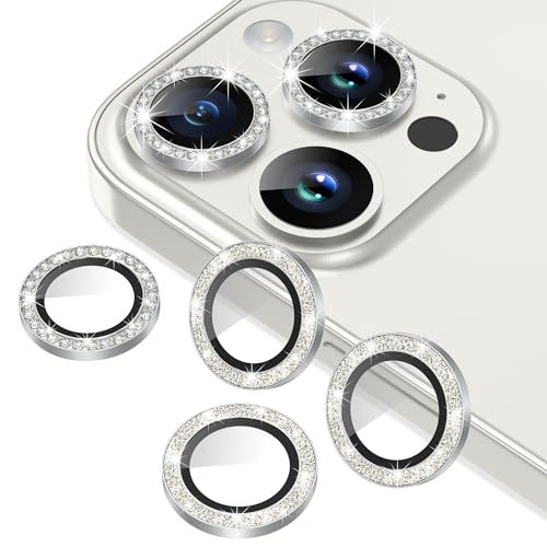 AGVEE 3+3 6 Pack for iPhone 15 Pro 6.1" / 15 Pro Max 6.7" Camera Lens Protector, Bling Diamond & Bling Glitter Metal Ring 9H Tempered HD Glass Camera Cover Film, Bling-Silver - Image 1