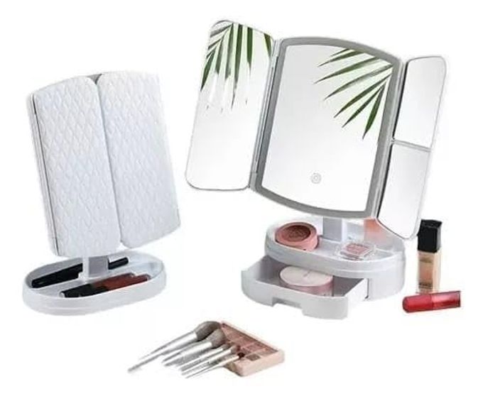 MAKEUP VANITY MIRROR WITH LED LIGHTING AND TOUCH SCREEN TRIFOLD 1X 2X 3X MAGNIFICATION180 ADJUSTABLE ROTATIONBATTERY AND USB POWEREDCOUNTERTOP COSMETIC MIRROR WHITE
