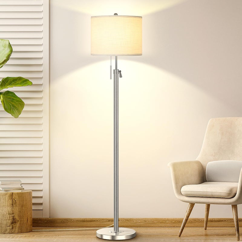 Qingmiao Brushed Nickel Floor Lamp for Living Room, Adjustable Height Standing Lamp with Metal Base, 3-Way Dimmable Tall Pole Light with White Linen Shade for Bedroom, Pull Chain Switch, 6W LED Bulb Included - Image 1