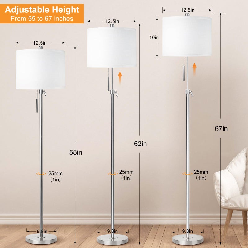 Qingmiao Brushed Nickel Floor Lamp for Living Room, Adjustable Height Standing Lamp with Metal Base, 3-Way Dimmable Tall Pole Light with White Linen Shade for Bedroom, Pull Chain Switch, 6W LED Bulb Included - Image 2