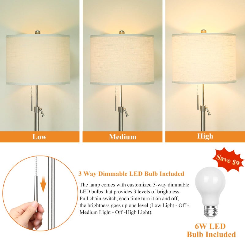 Qingmiao Brushed Nickel Floor Lamp for Living Room, Adjustable Height Standing Lamp with Metal Base, 3-Way Dimmable Tall Pole Light with White Linen Shade for Bedroom, Pull Chain Switch, 6W LED Bulb Included - Image 3