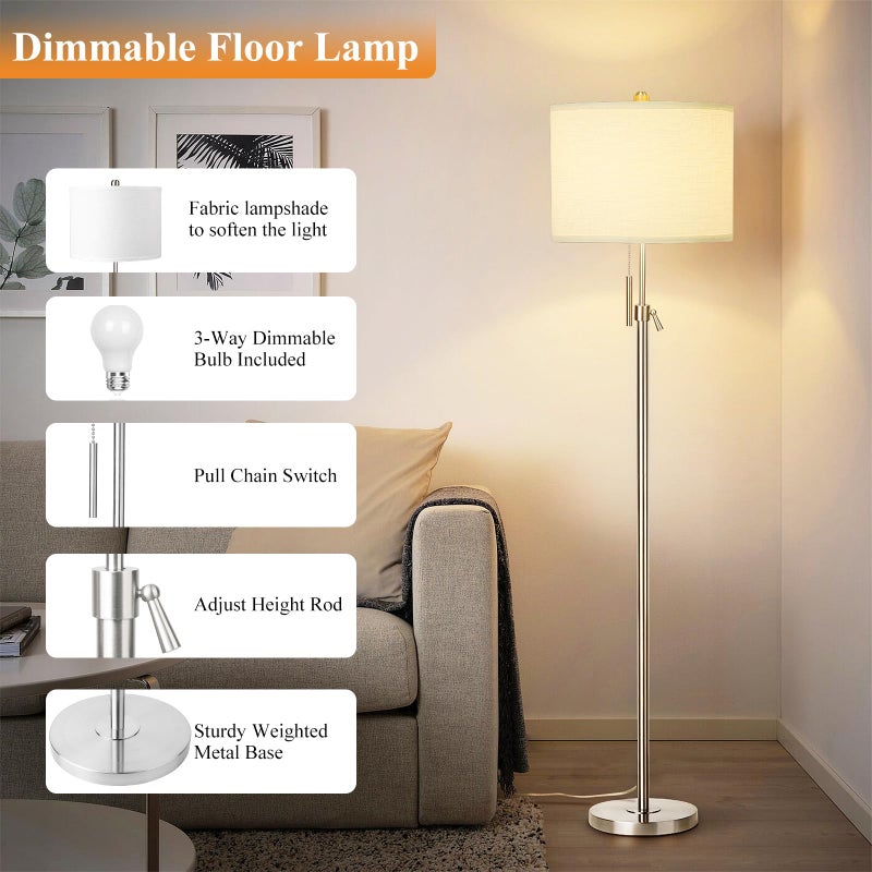 Qingmiao Brushed Nickel Floor Lamp for Living Room, Adjustable Height Standing Lamp with Metal Base, 3-Way Dimmable Tall Pole Light with White Linen Shade for Bedroom, Pull Chain Switch, 6W LED Bulb Included - Image 4
