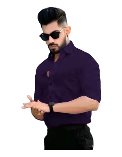 Tee Projekt Shirt for Men Cotton Plain Spread Collar Casual Shirt Parfect for ormal Wear, Home Wear, Office Wear Purple - Image 1