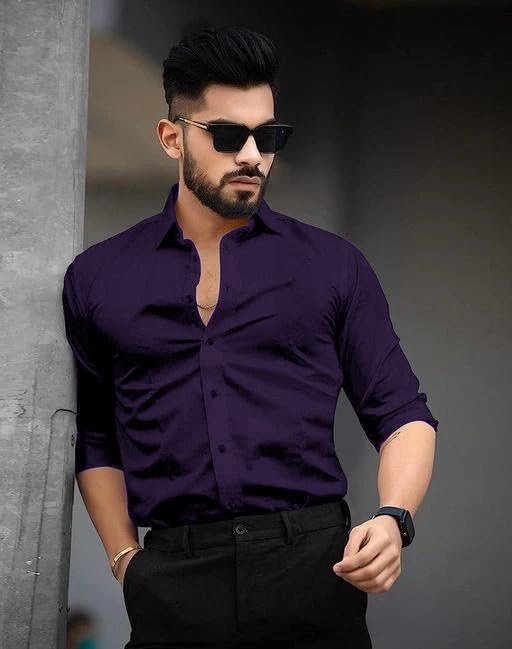 Tee Projekt Shirt for Men Cotton Plain Spread Collar Casual Shirt Parfect for ormal Wear, Home Wear, Office Wear Purple - Image 3