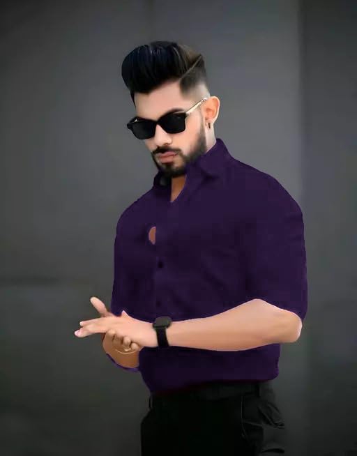 Tee Projekt Shirt for Men Cotton Plain Spread Collar Casual Shirt Parfect for ormal Wear, Home Wear, Office Wear Purple - Image 4