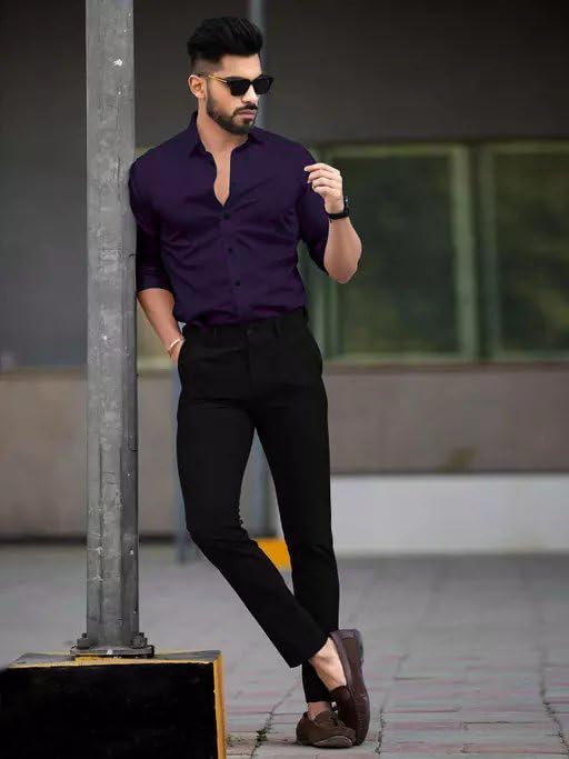 Tee Projekt Shirt for Men Cotton Plain Spread Collar Casual Shirt Parfect for ormal Wear, Home Wear, Office Wear Purple - Image 2