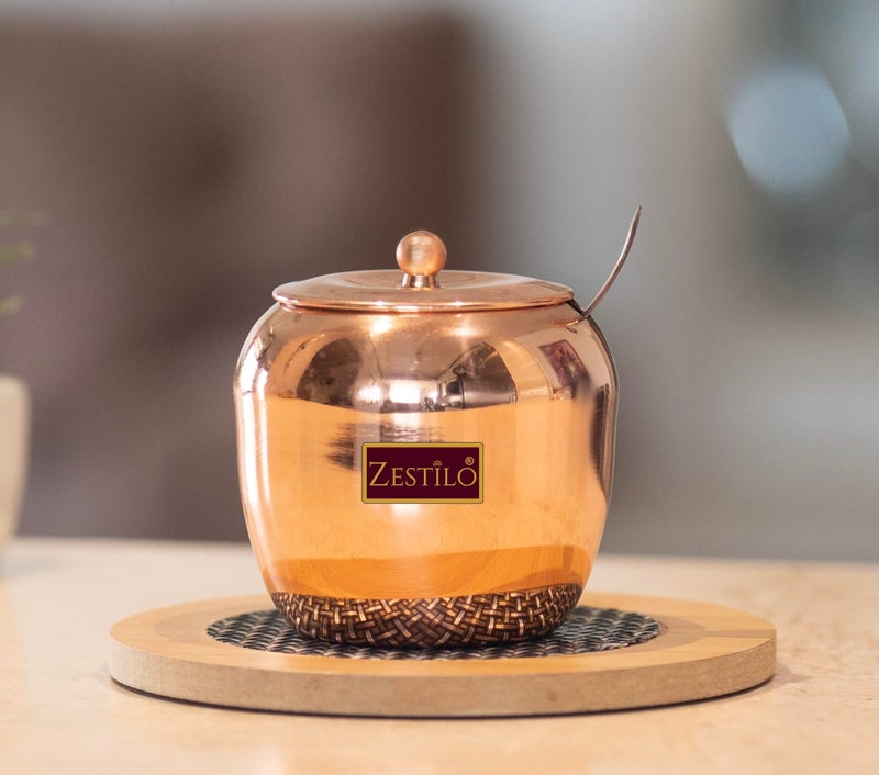 ZESTILO Stainless steel oil/ghee jar/ghee pot/Ghee container/oil pot with spoon copper coated 250ml - Image 1