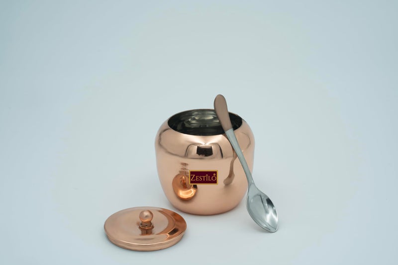 ZESTILO Stainless steel oil/ghee jar/ghee pot/Ghee container/oil pot with spoon copper coated 250ml - Image 2