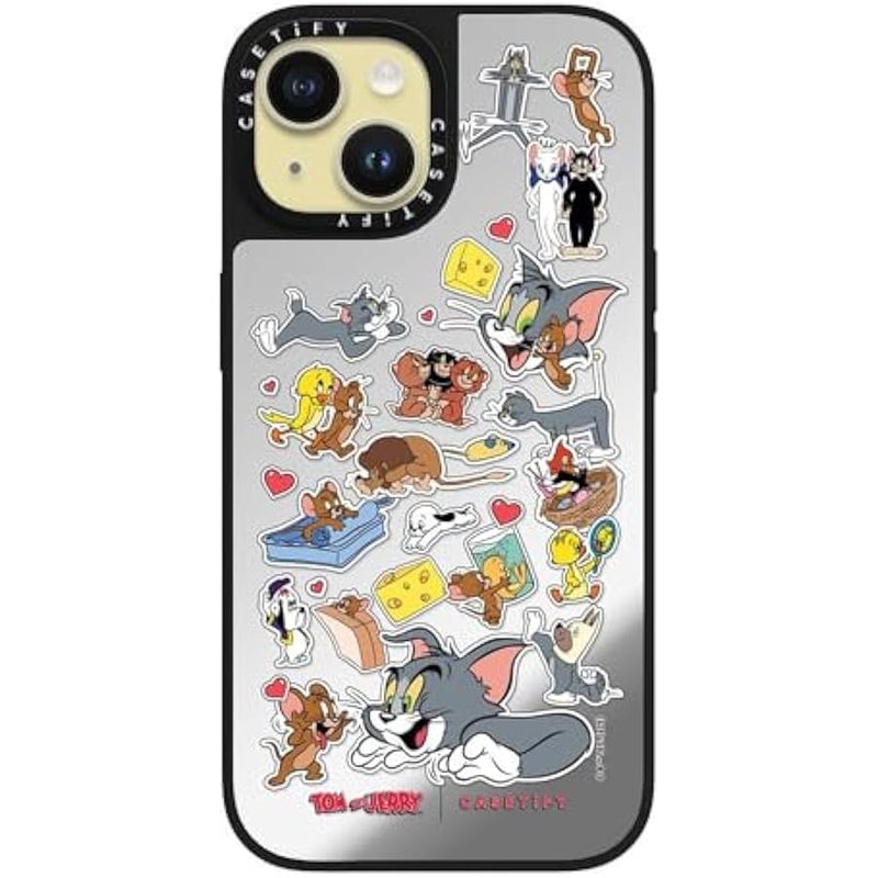 Casetify Mirror Case for iPhone 15 【Tom and Jerry Colab/Reflective / 4.9ft Drop Protection/Compatible with Magsafe】 - Family Sticker - Silver on Black - Image 1