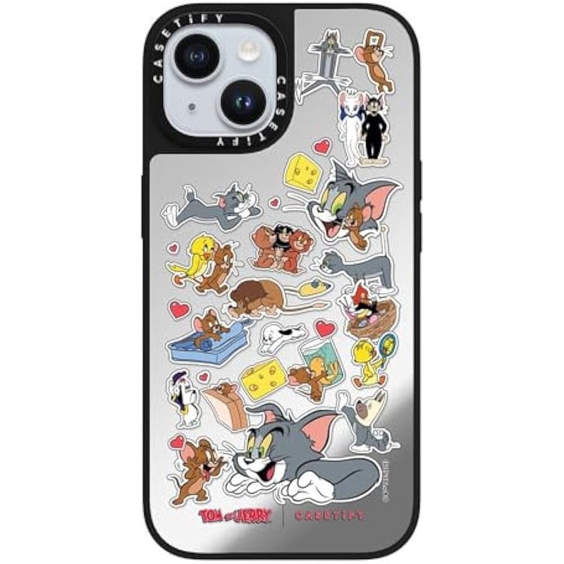 Casetify Mirror Case for iPhone 15 【Tom and Jerry Colab/Reflective / 4.9ft Drop Protection/Compatible with Magsafe】 - Family Sticker - Silver on Black - Image 3