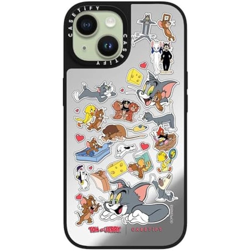 Casetify Mirror Case for iPhone 15 【Tom and Jerry Colab/Reflective / 4.9ft Drop Protection/Compatible with Magsafe】 - Family Sticker - Silver on Black - Image 2