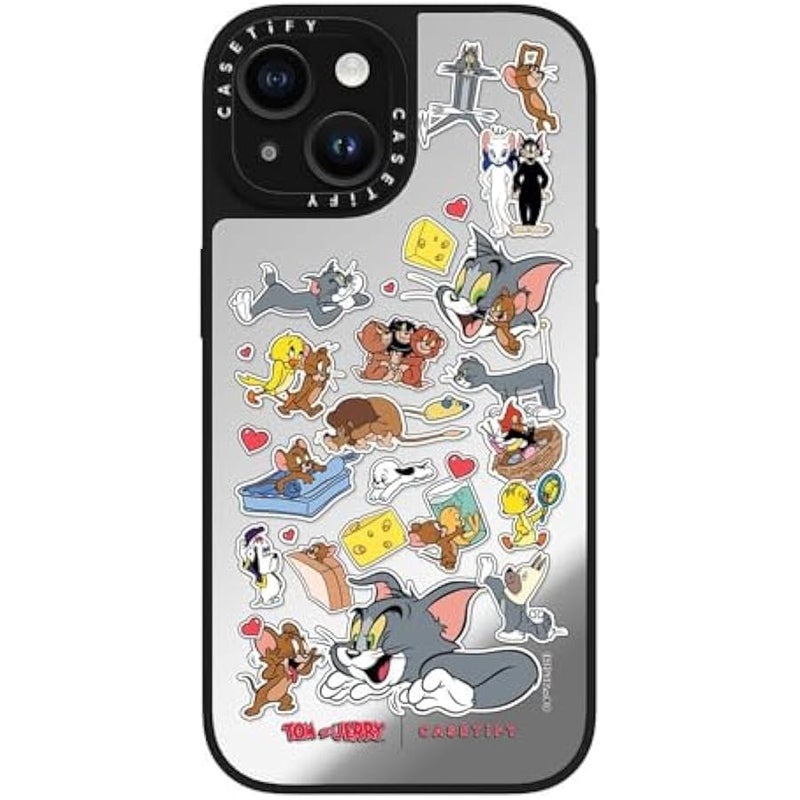Casetify Mirror Case for iPhone 15 【Tom and Jerry Colab/Reflective / 4.9ft Drop Protection/Compatible with Magsafe】 - Family Sticker - Silver on Black - Image 4
