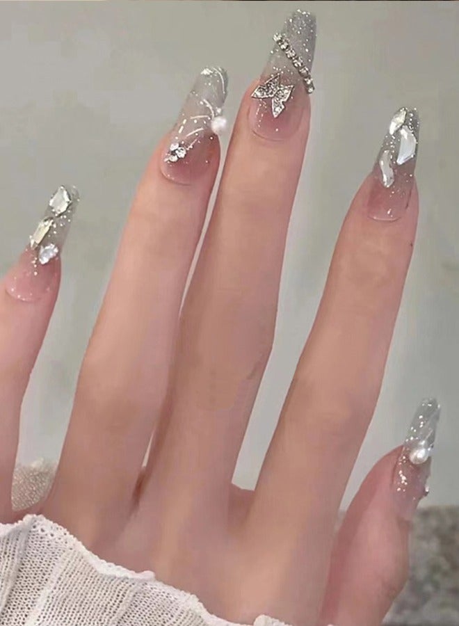 نيبمينينت 24 قطعة أظافر صناعية، أظافر صناعية في علبة، أظافر صناعية طويلة ومسطحة على شكل رأس مسطح بلون وردي لامع، لؤلؤة الزركون على شكل فراشة، رقعة أظافر صناعية - Image 1