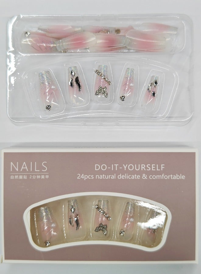 نيبمينينت 24 قطعة أظافر صناعية، أظافر صناعية في علبة، أظافر صناعية طويلة ومسطحة على شكل رأس مسطح بلون وردي لامع، لؤلؤة الزركون على شكل فراشة، رقعة أظافر صناعية - Image 2