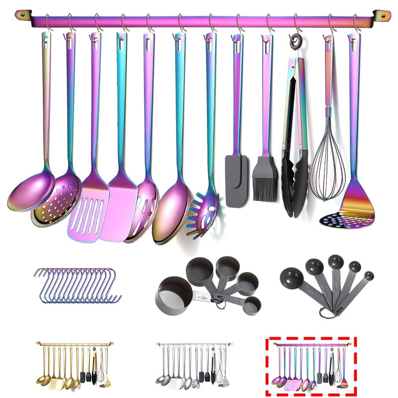 Kyraton Rainbow Cooking Utensils Set, Kyraton Stainless Steel 37 Pieces Kitchen Utensils Set with Titanium Colorful Plating, Kitchen Tool Gadgets Set with Utensil Rack Heat Resistant Dishwasher Safe - Image 1