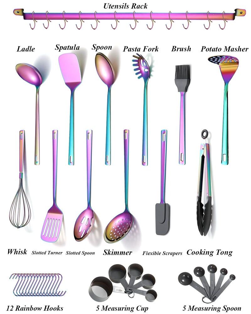 Kyraton Rainbow Cooking Utensils Set, Kyraton Stainless Steel 37 Pieces Kitchen Utensils Set with Titanium Colorful Plating, Kitchen Tool Gadgets Set with Utensil Rack Heat Resistant Dishwasher Safe - Image 2