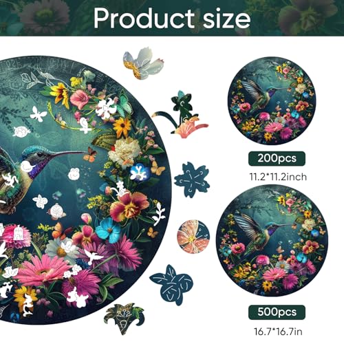 Mys Aurora Wooden Puzzles for Adults Hummingbird Jigsaw Puzzles 500 Pieces Unique Shaped Round Flower Puzzles for Adults and Kids Family Game 167 x 167 Inch - Image 5