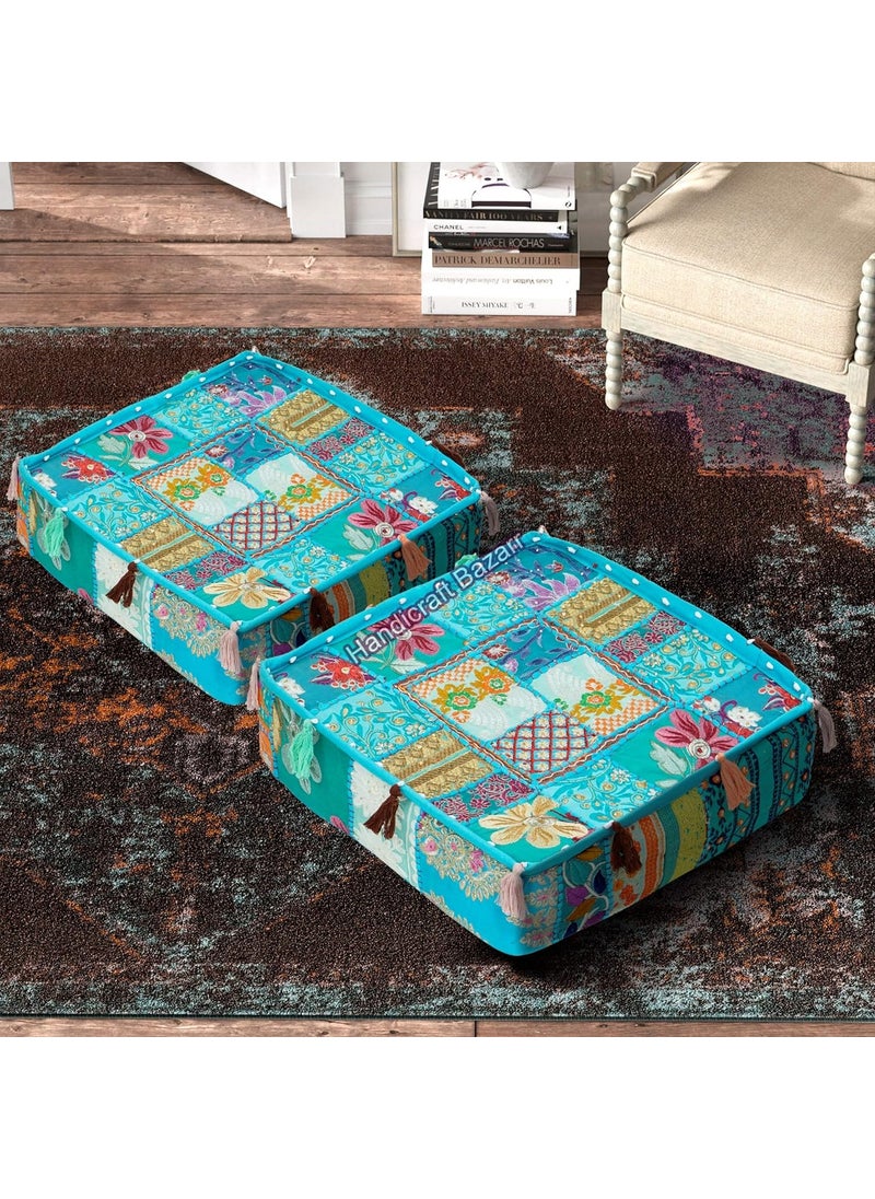 Handicraft Bazarr Handicraft Bazarr Solid Back Seat Box Cover Floor Box Cushion Case Set of 2 Square Floor Cushion Patchwork Cotton Standard Storage Box Cover Vintage Footrest Cushion 18x18x5 Inches 