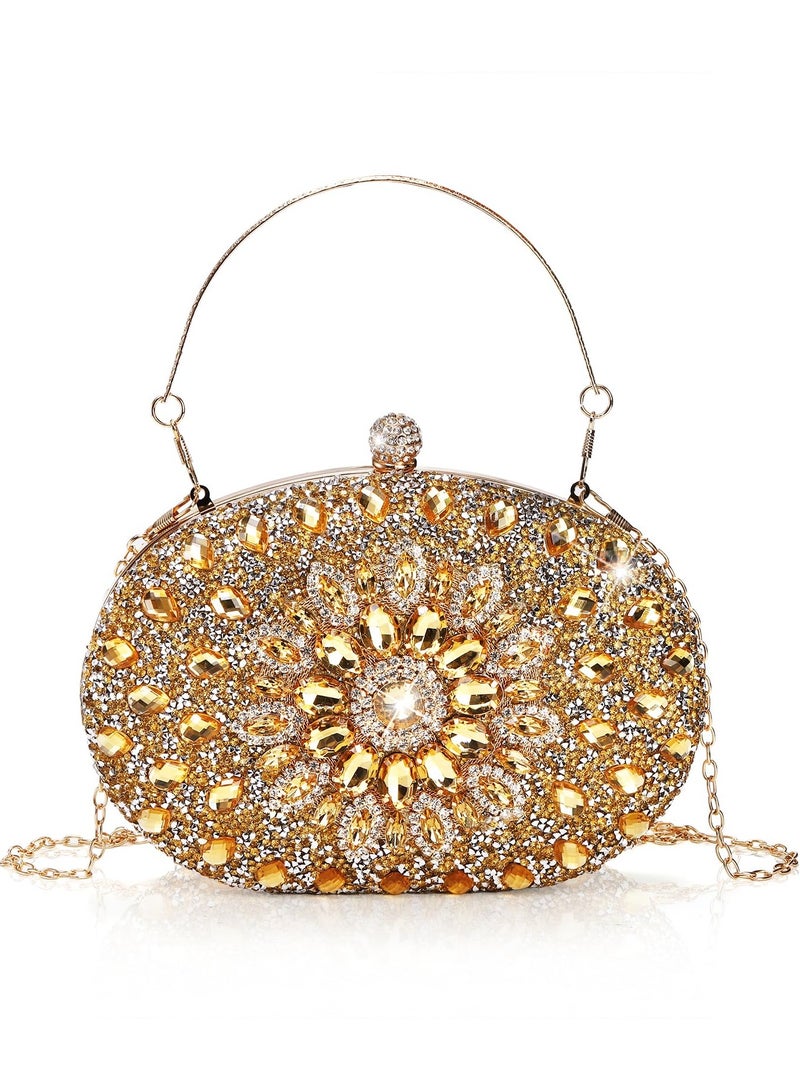 Rhinestone Evening Clutch Purse - Gold Sparkling Glitter Wrist Clutch Bag with Detachable Chain Crystal Diamond Lady HandBag for Wedding Party Prom Date Night - Image 1