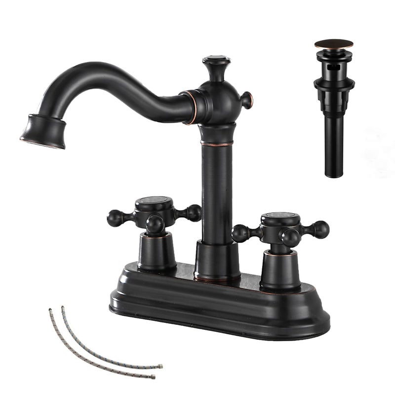 GGStudy Bathroom Faucet Oil Rubbed Bronze GGStudy 2 Handles 4 Inches Centerset Bathroom Vanity with Drain Assembly and Supply Hose Lavatory Mixer Double Handle Tap - Image 2