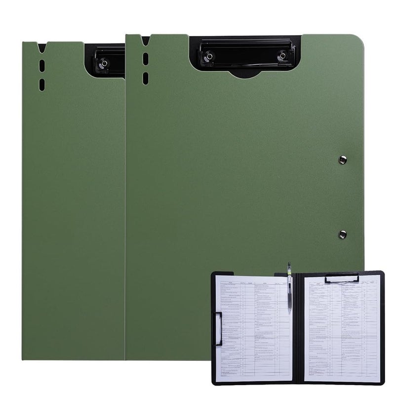 FRETONBA Clipboard Folder, 2 Pcs A4 Foldable Clipboard with Horizontal and Vertical Double Metal Clips, 360 Degree Foldable Binder Clipboards with Pen Holder, File Cover Work Folder Clipboards, Green - Image 1
