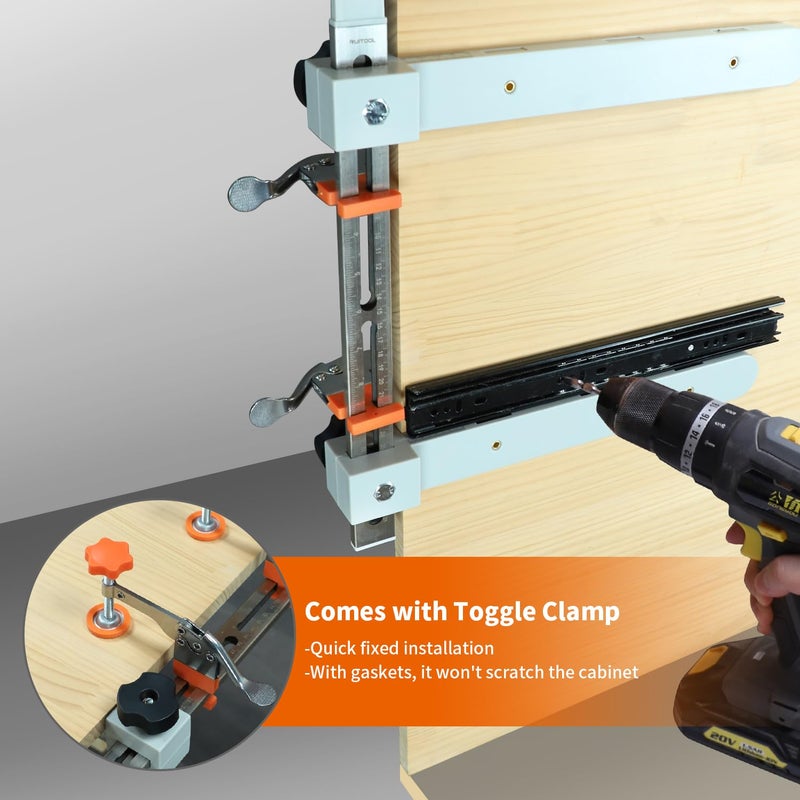 RUITOOL Drawer Slide Jig with Toggle Clamp & Magnetic Arm - Precision Cabinet Drawer Jig Tool with Laser-Engraved Dual-Scale Mark for Mounting Drawer Slide, Fast & Accurate Installation for DIY & Pro - Image 2