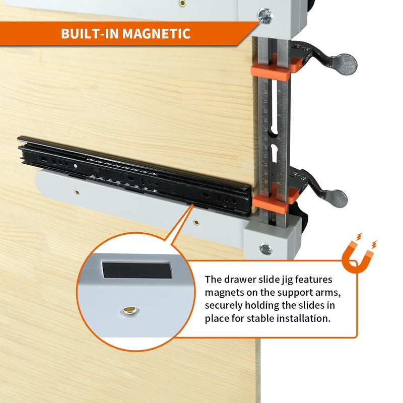 RUITOOL Drawer Slide Jig with Toggle Clamp & Magnetic Arm - Precision Cabinet Drawer Jig Tool with Laser-Engraved Dual-Scale Mark for Mounting Drawer Slide, Fast & Accurate Installation for DIY & Pro - Image 3