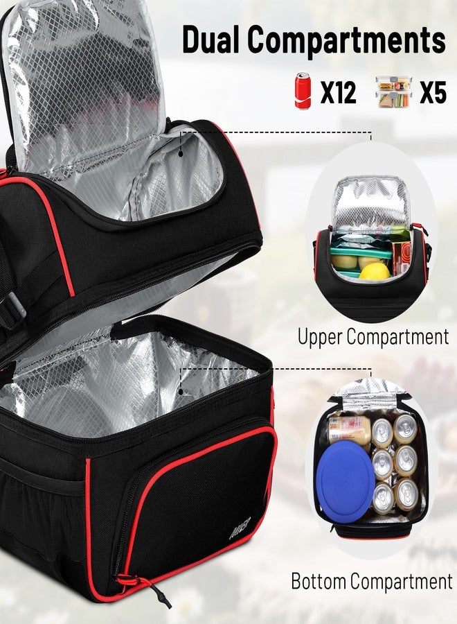 MIER Dual Compartment Lunch Bag Tote with Shoulder Strap for Men and Women Insulated Leakproof Cooler Bag, Black/Red - Image 2