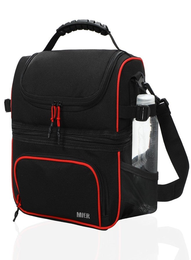 MIER Dual Compartment Lunch Bag Tote with Shoulder Strap for Men and Women Insulated Leakproof Cooler Bag, Black/Red - Image 1