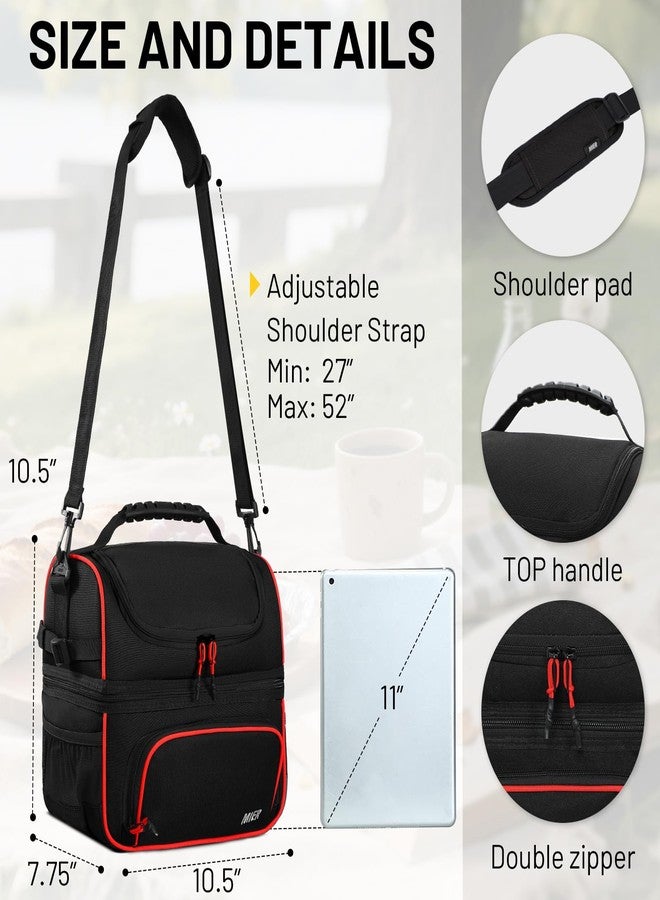 MIER Dual Compartment Lunch Bag Tote with Shoulder Strap for Men and Women Insulated Leakproof Cooler Bag, Black/Red - Image 4