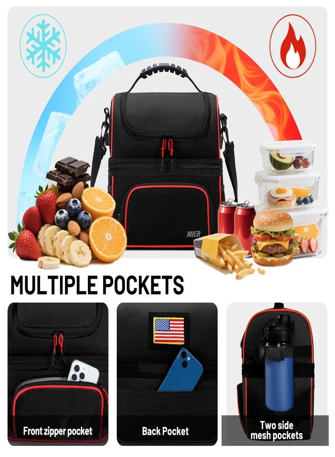 MIER Dual Compartment Lunch Bag Tote with Shoulder Strap for Men and Women Insulated Leakproof Cooler Bag, Black/Red - Image 3