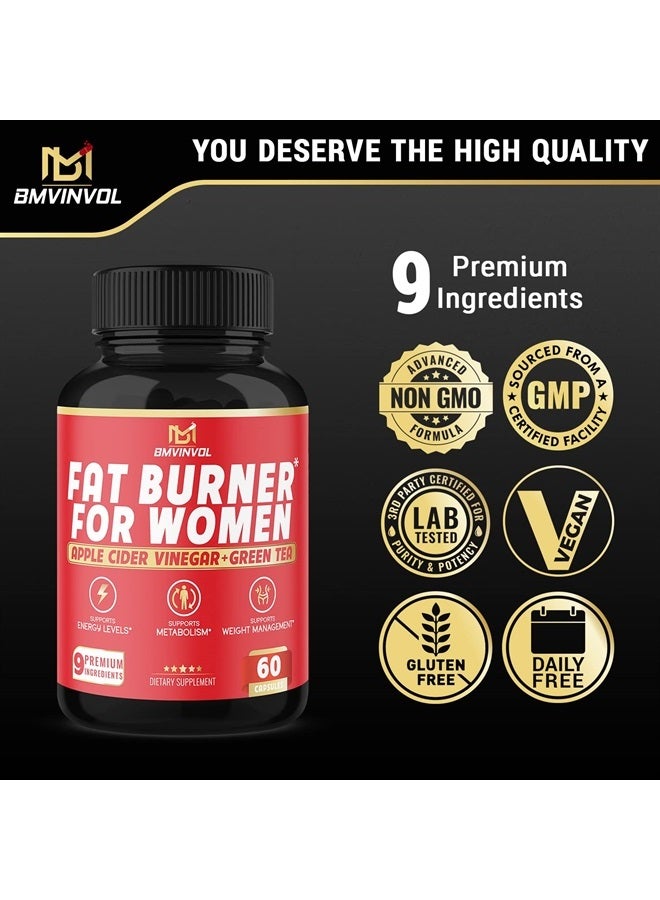 Fat Burner for Women, 9-in-1 Powerful Blend of Apple Cider Vinegar, Green Tea, Garcinia Cambogia, Green Coffee Bean, White Kidney Bean, Coleus Forskohlii, Raspberry Ketones, Olive Leaf