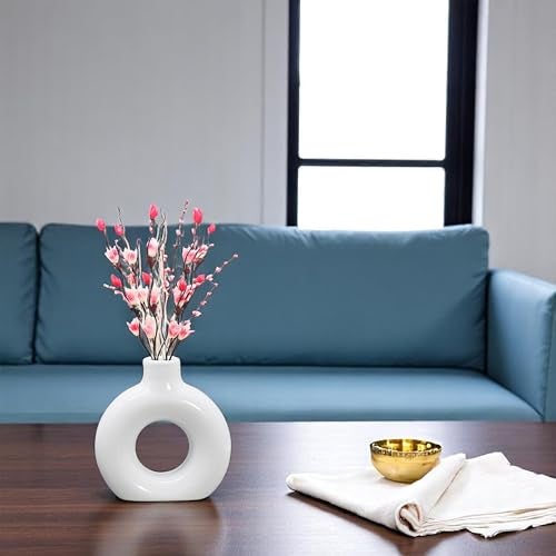 AABCO Modern Ceramic Ring Vase Pink Floral Stems, White, Decorative Flower Holder for Home (4 INCH) - Image 3