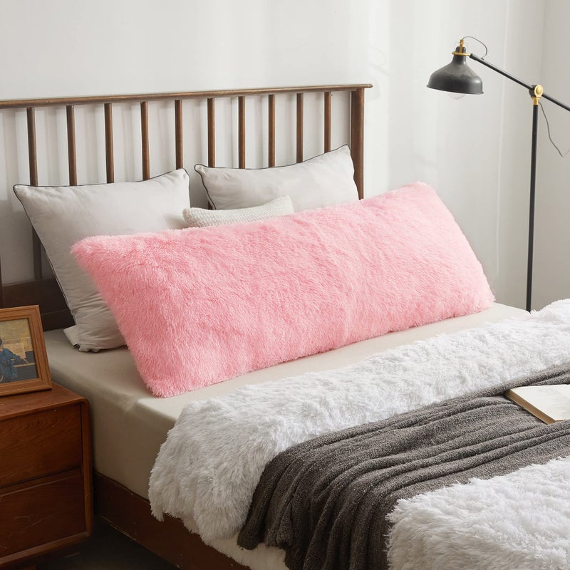 XeGe Cozy 20x54 Long Fluffy Body Pillow Cover Plush Fuzzy Faux Fur Body Pillowcase with Zipper Rectangular Furry Bed Pillow Sham for Pregnant Women Side Sleeper Shaggy Bedding Pillow Light Pink