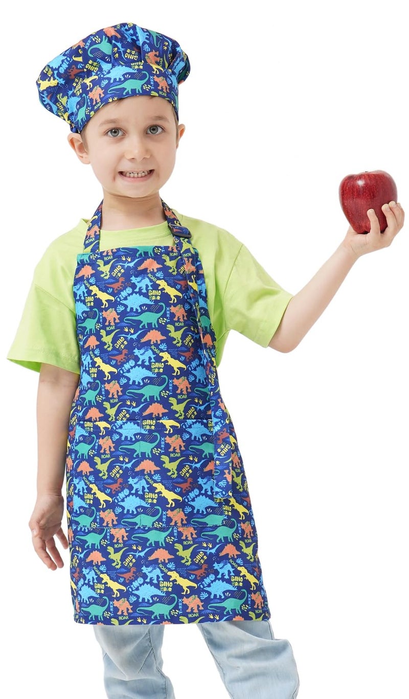 ALIPOBO Kids Apron and Chef Hat Set, Children's Kitchen Cooking Aprons with 2 Pockets for Boys Girls Toddler Painting Baking (Dinosaur Blue, 6-12 Years) - Image 4