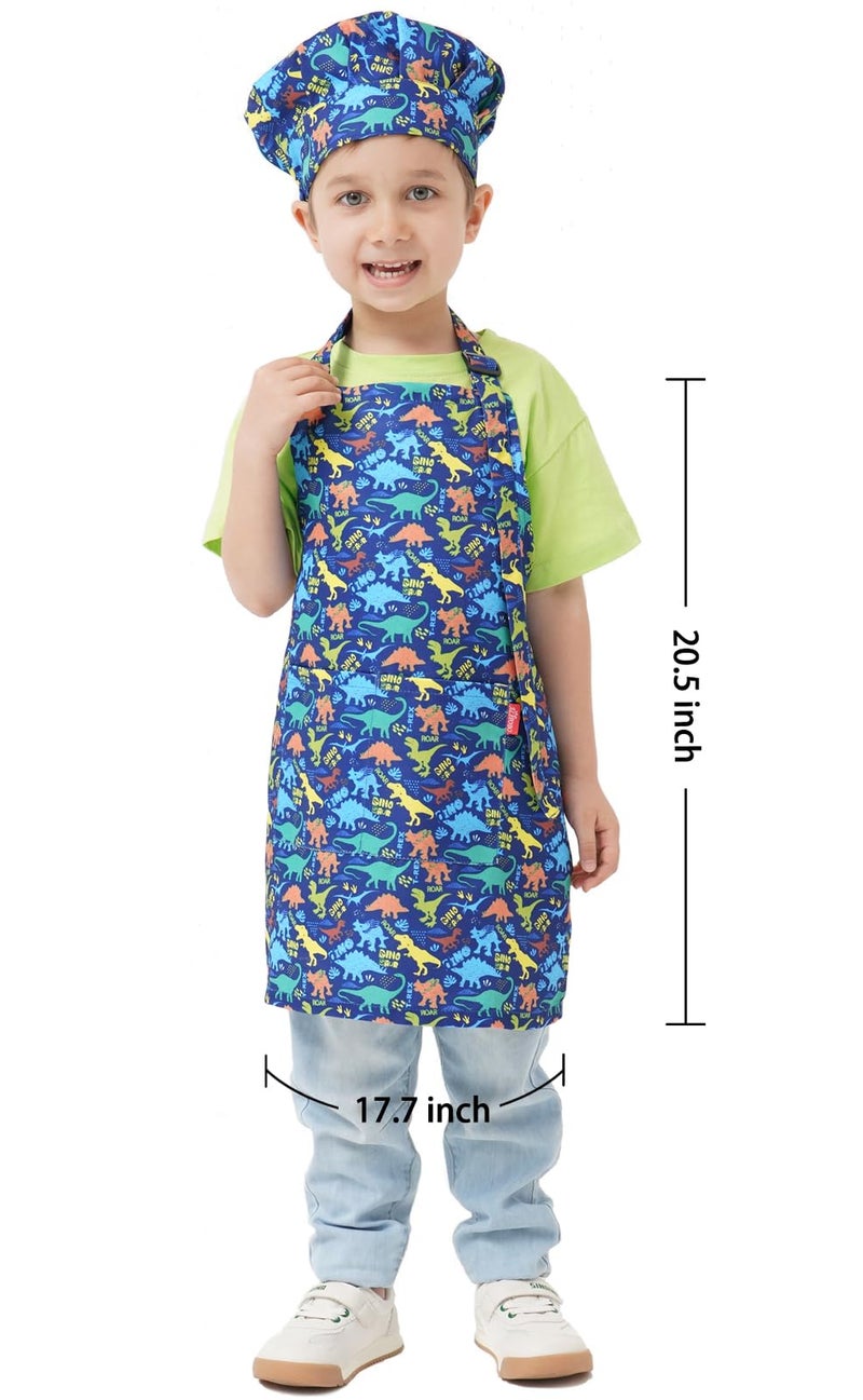 ALIPOBO Kids Apron and Chef Hat Set, Children's Kitchen Cooking Aprons with 2 Pockets for Boys Girls Toddler Painting Baking (Dinosaur Blue, 6-12 Years) - Image 2