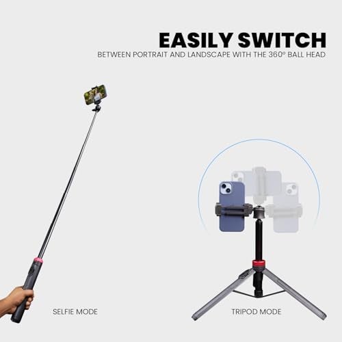 HIFFIN HTR-44 Selfie Stick Tripod 44" Extendable Phone Stand with Bluetooth Remote, 360° Ball Head, 2-in-1 Mobile Holder, Compatible with Mobile, Camera & Action Camera, Lightweight for Travel - Image 5