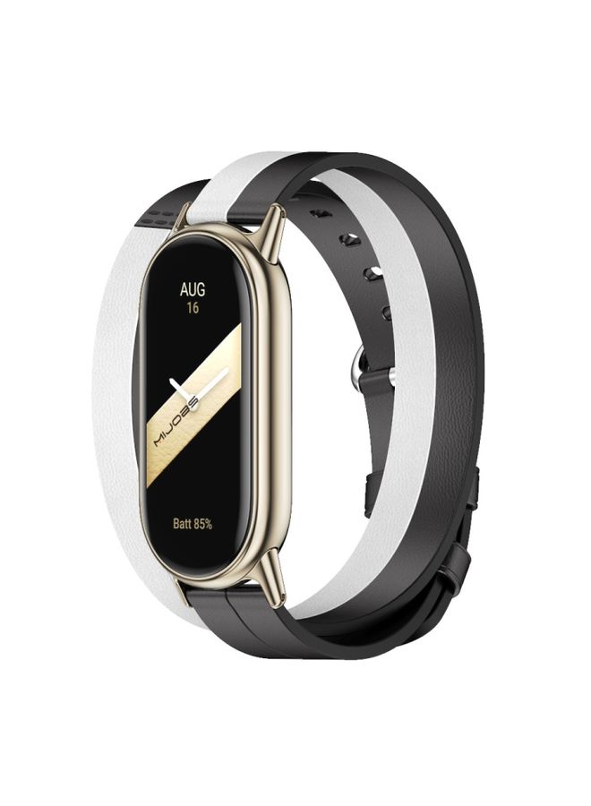 Replacement Strap For Xiaomi Mi Band 8 Mijobs Double-Loop Leather Watch Band Black+White+Light Gold
